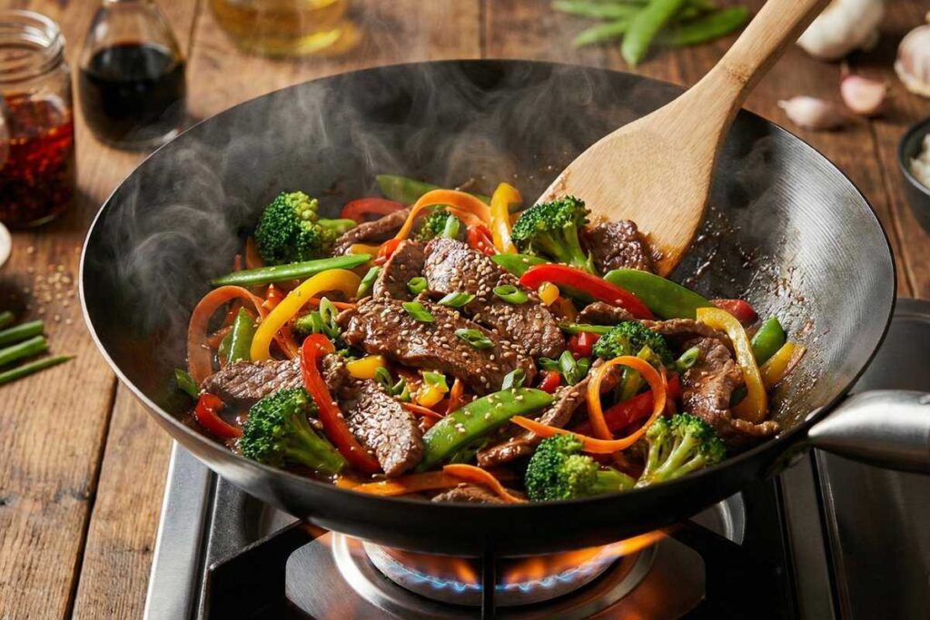 Low FODMAP beef stir-fry with broccoli, bell peppers, snap peas, and carrots over jasmine rice