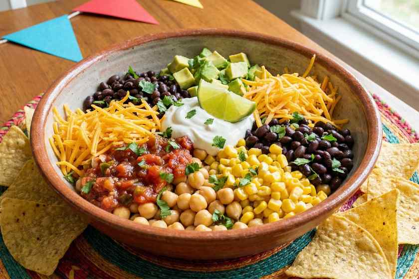 Taco chickpea salad with black beans, corn, salsa, cheese, and tortilla chips for no cook Tex-Mex meal