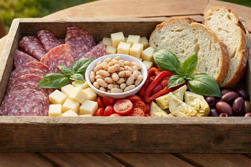 Italian antipasto protein box with salami, provolone, and white beans for no cook high protein lunch