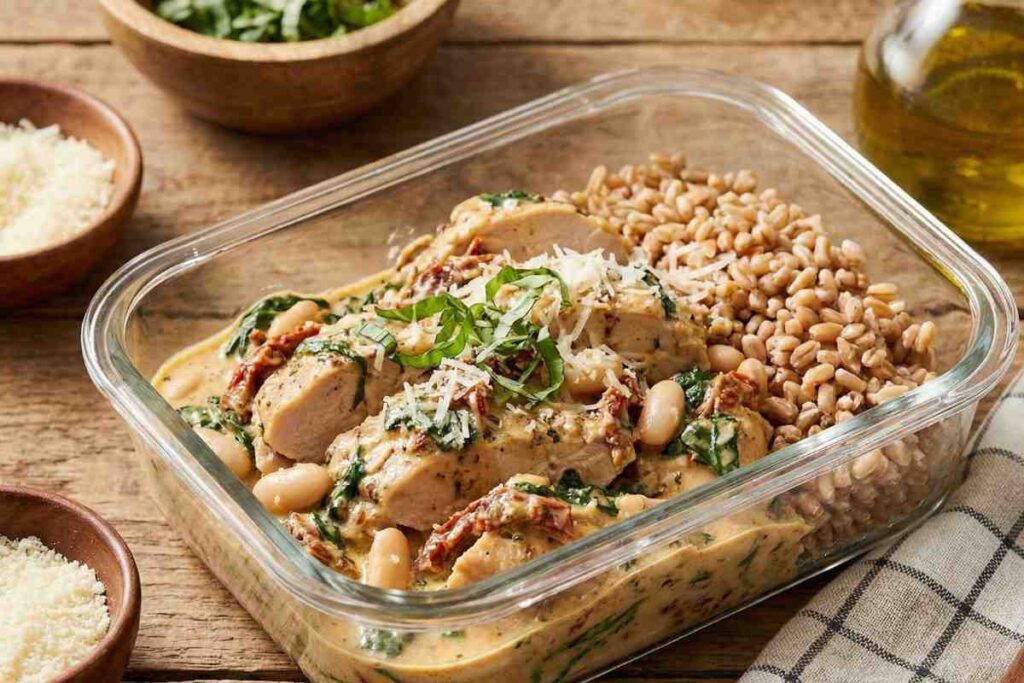 tuscan chicken meal prep with white beans sun dried tomatoes in creamy sauce