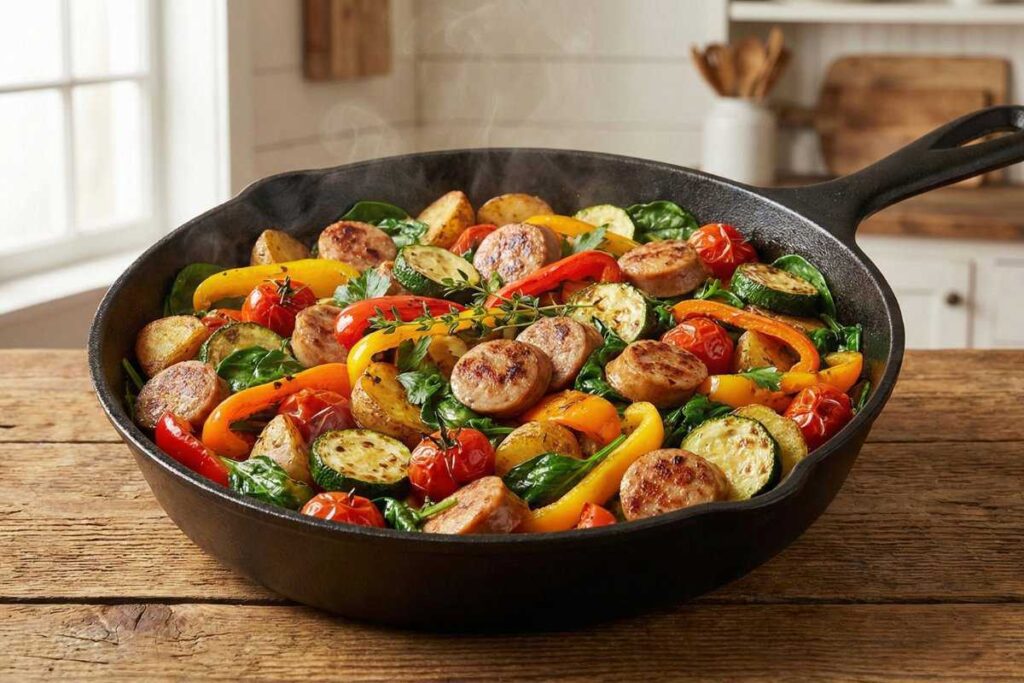 One-pan chicken sausage skillet with zucchini, peppers, tomatoes, and potatoes for easy meal prep
