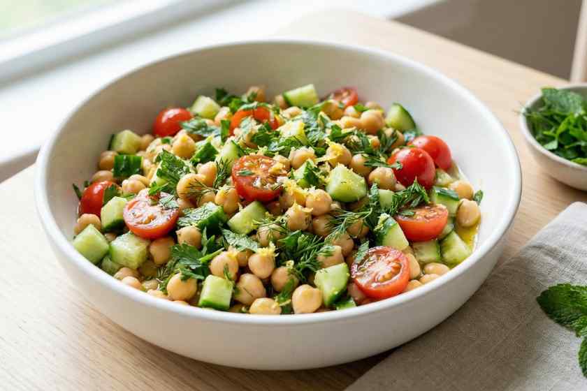 Lemon herb chickpea salad with fresh parsley, dill, mint, cucumbers, and tomatoes for summer lunch