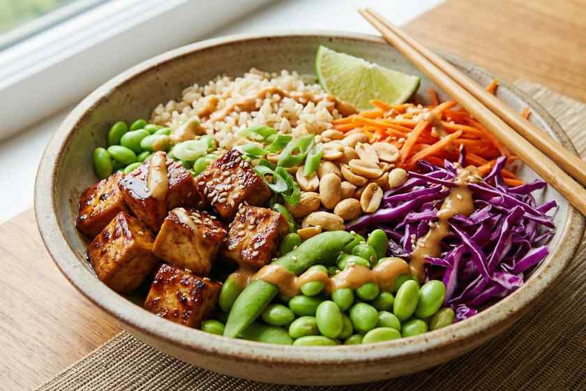 Asian tofu power bowl with edamame and peanut sauce for no cook high protein vegetarian lunch