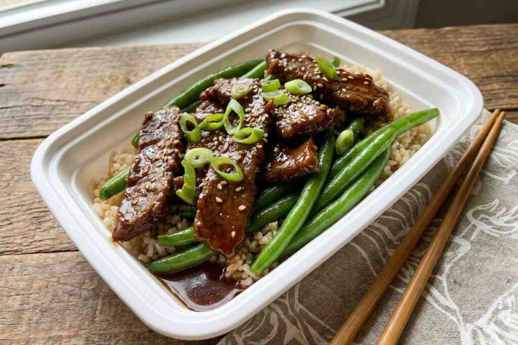 mongolian beef meal prep with green beans brown rice and sesame seeds
