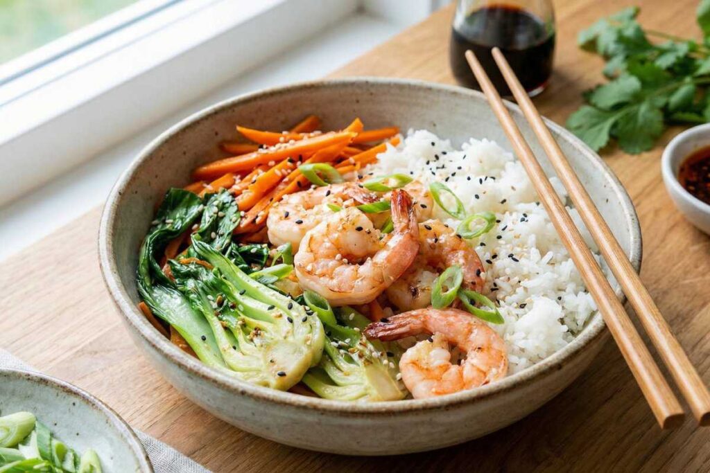 Sesame ginger shrimp bowl with white rice, bok choy, and carrots for low FODMAP meal prep