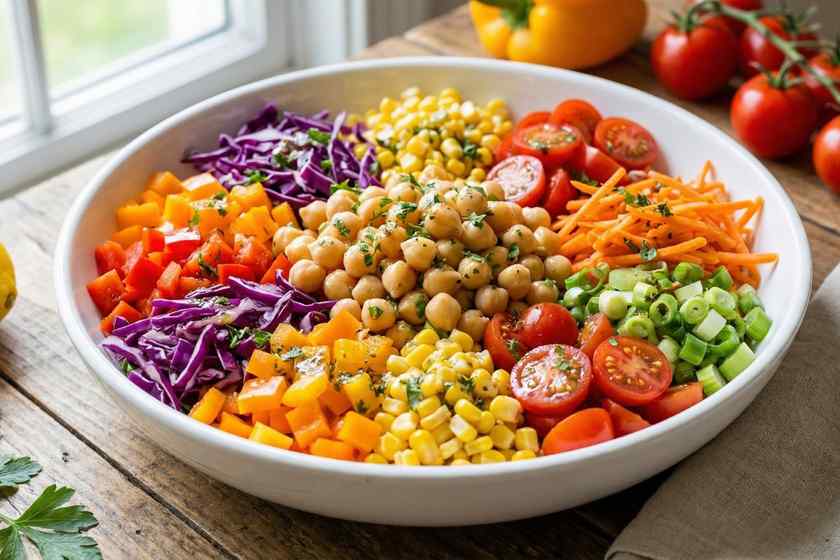 Rainbow chickpea salad with colorful bell peppers, cabbage, tomatoes, and corn for healthy meal prep