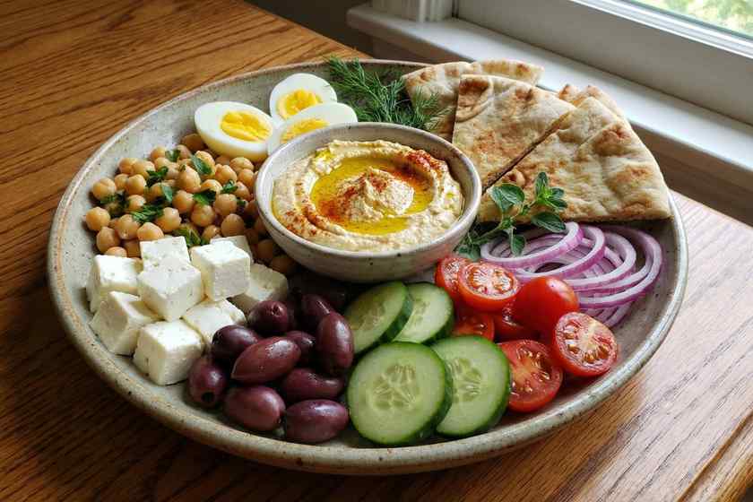 Mediterranean protein plate with hummus, chickpeas, and feta for no cook high protein Greek lunch