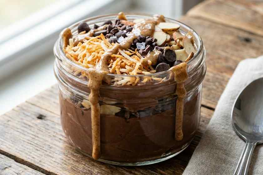 Almond joy protein parfait with chocolate coconut almonds dark chocolate candy bar breakfast 36g