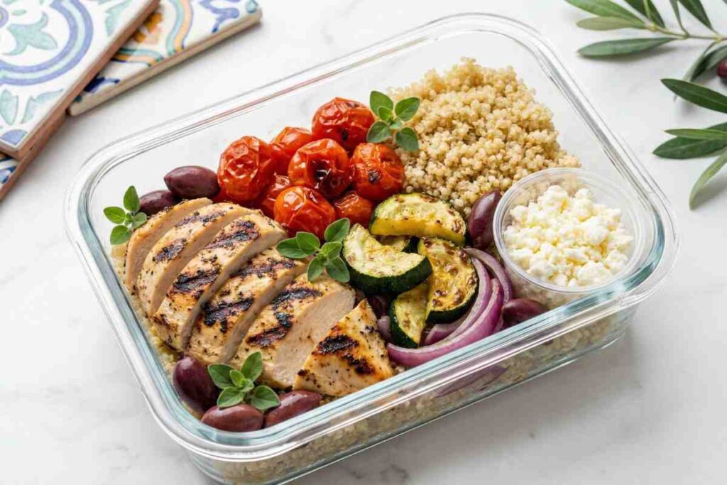 greek chicken meal prep with roasted vegetables quinoa olives and feta cheese