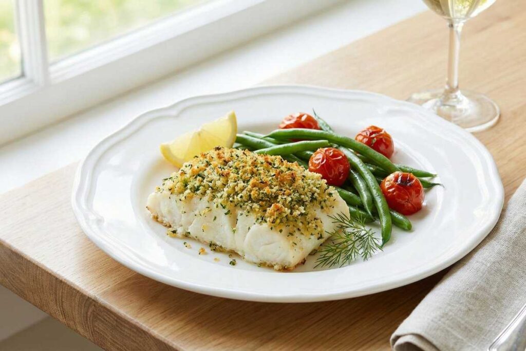 Herb-crusted white fish fillet with green beans and cherry tomatoes for low FODMAP dinner
