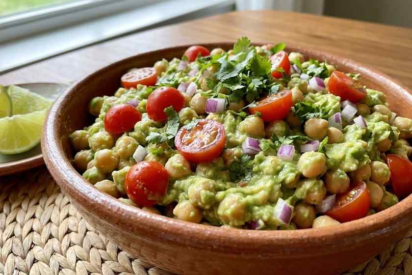 Avocado lime chickpea salad with cherry tomatoes, cilantro, and lime for creamy no cook meal