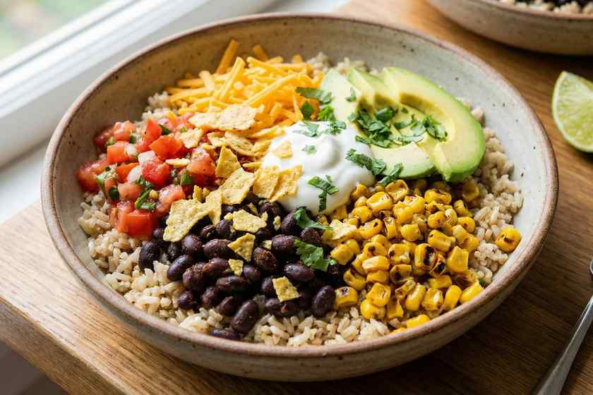 No-cook protein burrito bowl with black beans and corn for no cook high protein Mexican lunch