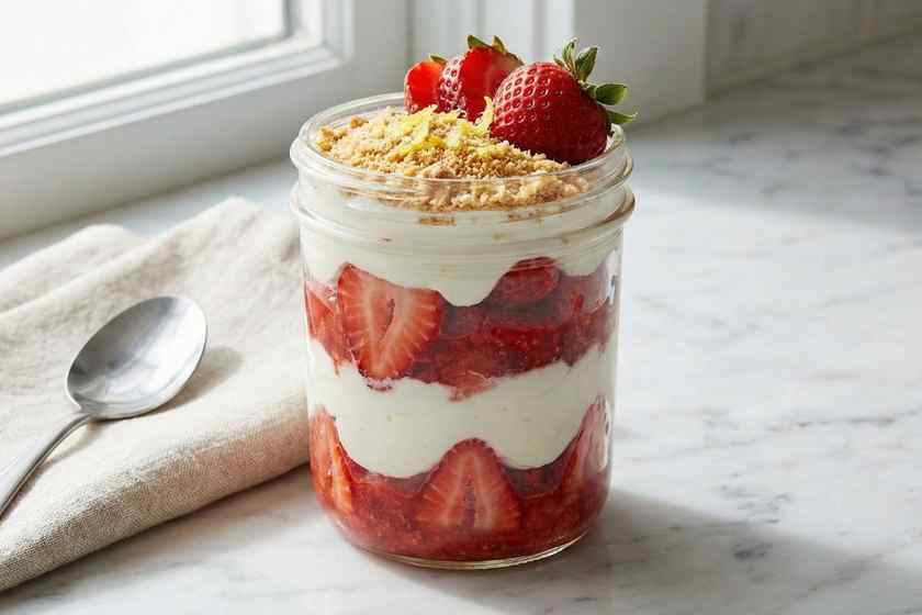 Strawberry cheesecake protein parfait with fresh strawberries graham crackers dessert breakfast 33g