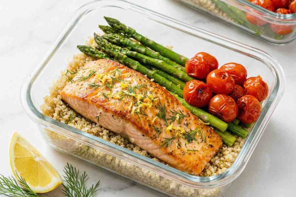 lemon herb salmon meal prep with asparagus quinoa and cherry tomatoes
