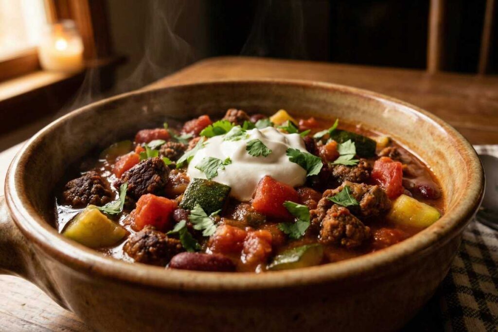 Low FODMAP turkey chili with zucchini and tomatoes topped with lactose-free sour cream