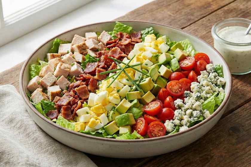 Cobb salad bowl with chicken, bacon, and eggs for no cook high protein lunch with 36g