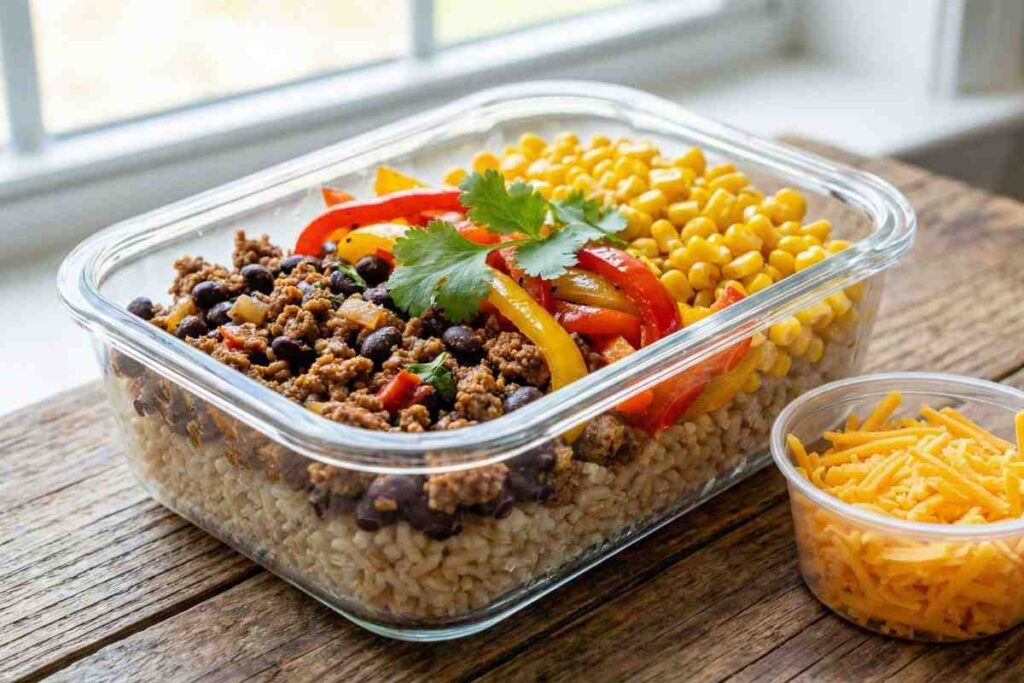 beef burrito bowl meal prep with black beans peppers corn and rice