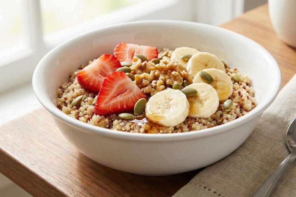 Sweet breakfast quinoa bowl topped with strawberries, bananas, walnuts, and pumpkin seeds