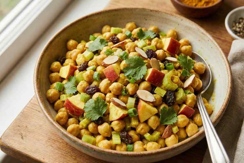 Curry chickpea salad with apples, walnuts, raisins, and creamy curry dressing for quick meal prep
