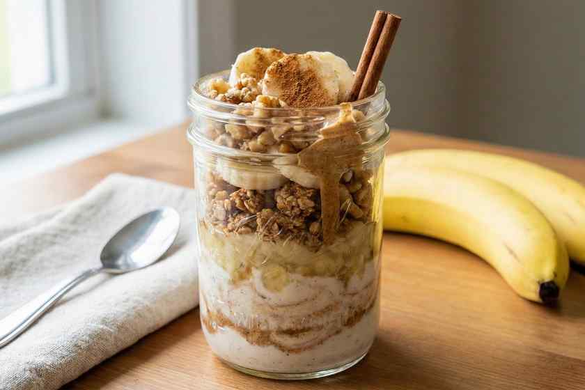 Banana bread protein parfait with banana walnuts granola almond butter comfort breakfast 35g