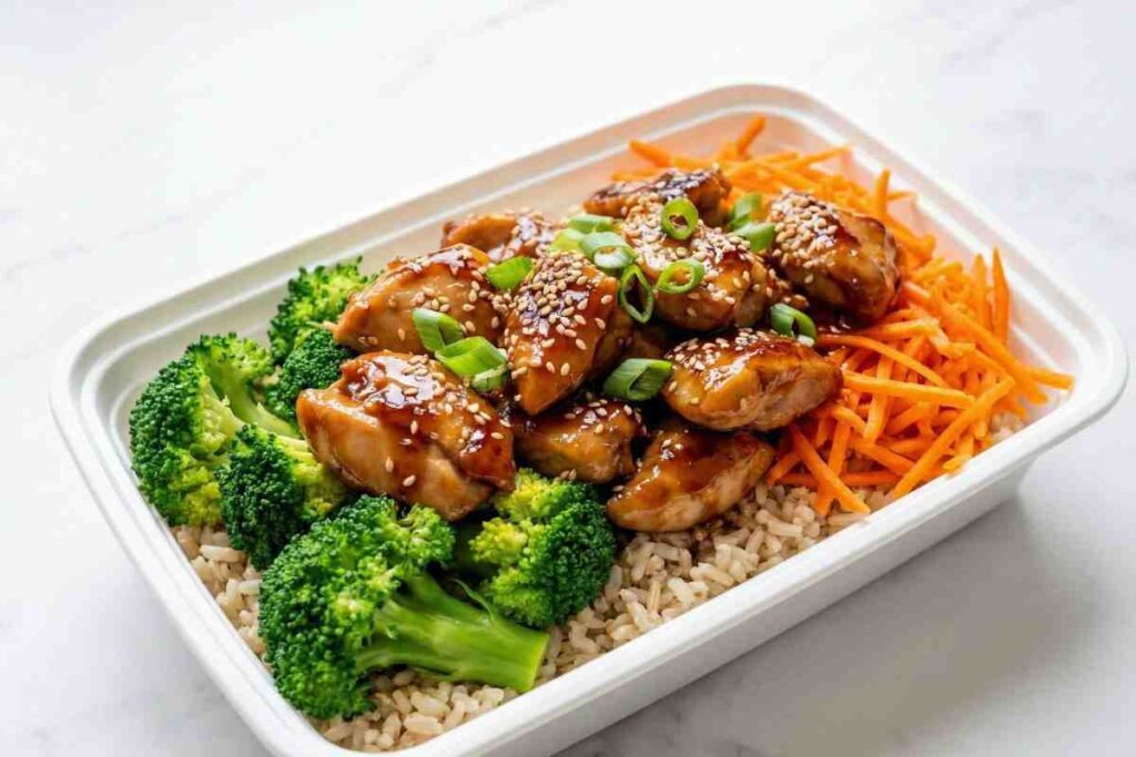 teriyaki chicken meal prep bowl with brown rice broccoli and carrots in container
