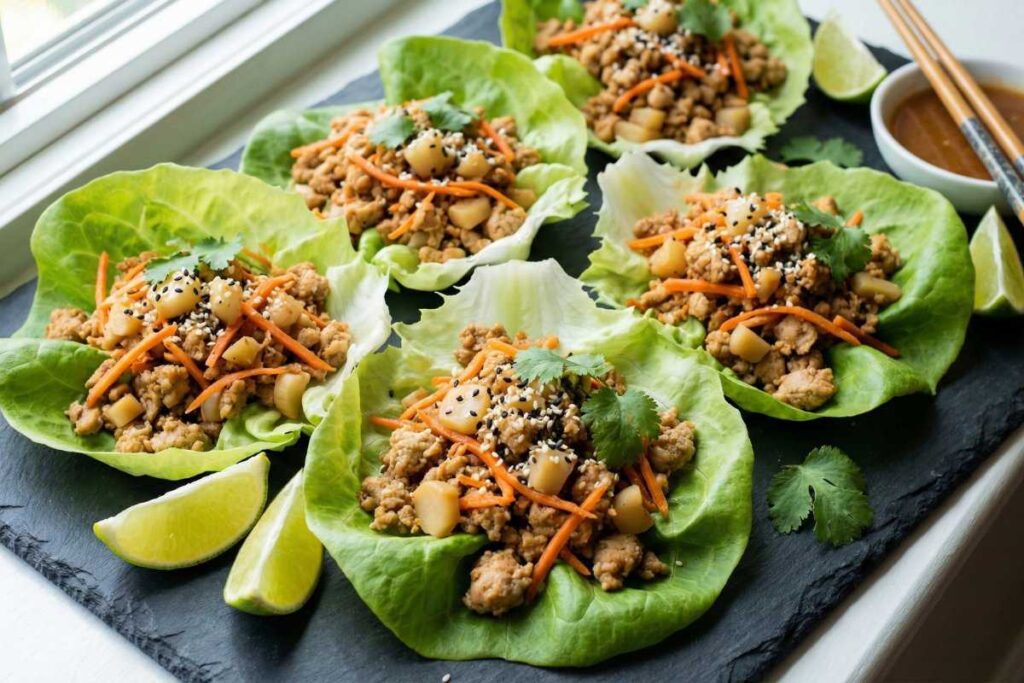 Low FODMAP Asian lettuce wraps filled with ground chicken, carrots, and water chestnuts