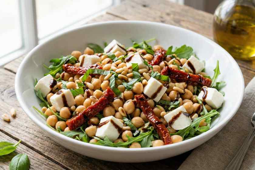 Italian chickpea salad with sun-dried tomatoes, mozzarella, arugula, and basil for no cook gourmet meal