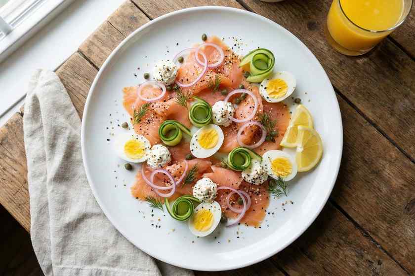Smoked salmon protein plate with eggs, cream cheese, and capers for no cook high protein brunch lunch