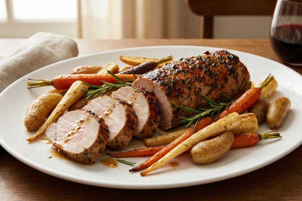 Sliced maple Dijon pork tenderloin with roasted carrots, parsnips, and fingerling potatoes