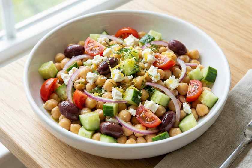 Greek lemon chickpea salad with cucumbers, cherry tomatoes, feta, and fresh dill for summer meal prep