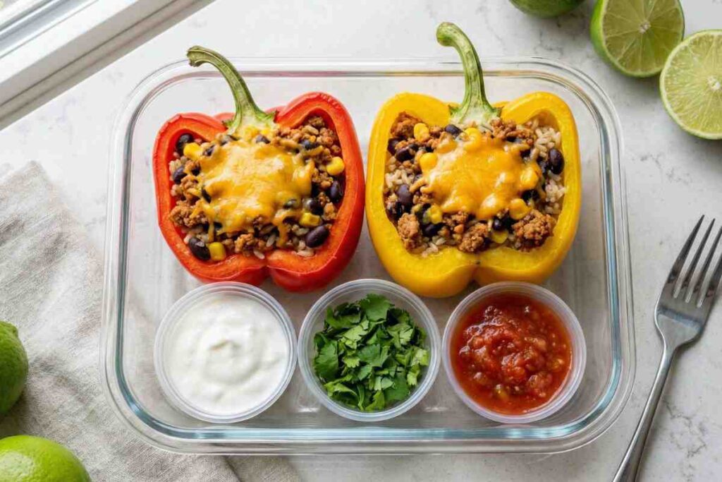 turkey taco stuffed peppers meal prep with cheese black beans and toppings
