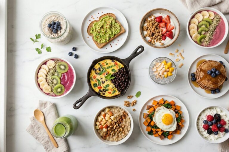15 high fiber breakfast recipes displayed on white marble counter including overnight oats, avocado toast, smoothie bowls, and Greek yogurt parfait