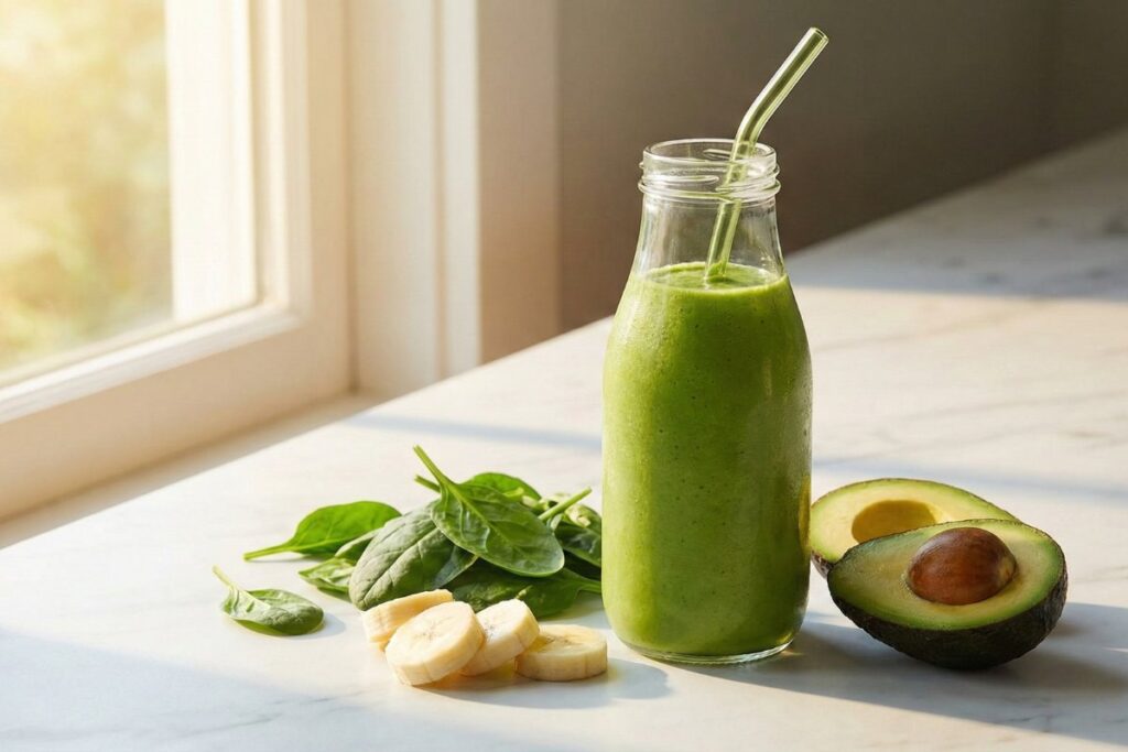 Green smoothie with avocado, spinach and banana in glass bottle, high fiber breakfast smoothie recipe