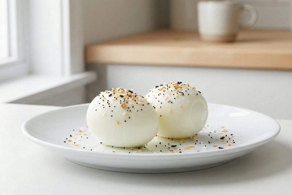 Two hard-boiled eggs sprinkled with everything bagel seasoning on white plate - simple high protein snack with 13g protein