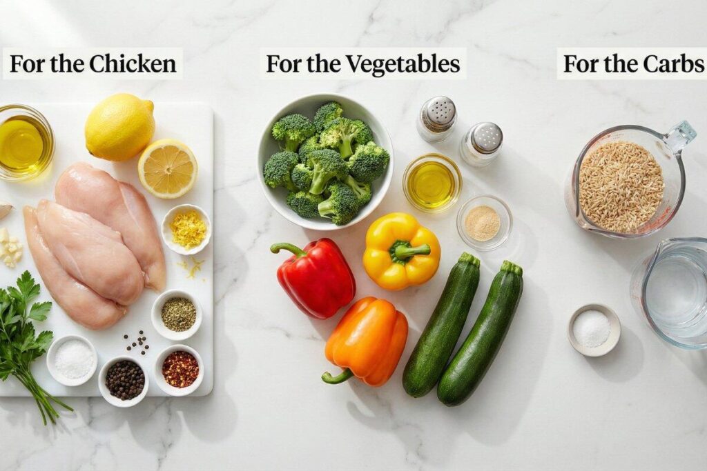  Lemon garlic chicken meal prep ingredients organized in three sections - chicken with lemons and herbs, fresh vegetables, and brown rice