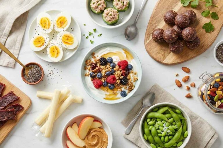 Collection of 20 high protein healthy snack ideas including Greek yogurt bowl, hard-boiled eggs, protein energy balls, and turkey roll-ups arranged on white marble surface