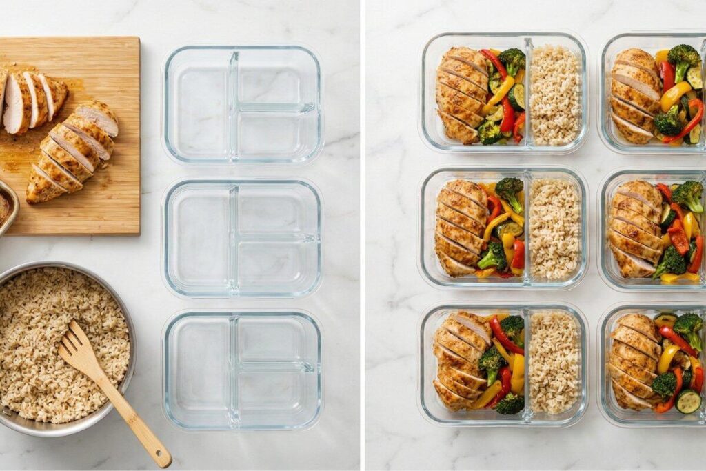 Before and after meal prep portioning showing separated components and five filled glass containers