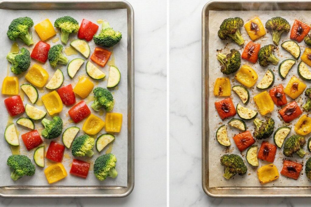  Before and after roasting vegetables - raw on baking sheet versus perfectly roasted with caramelization