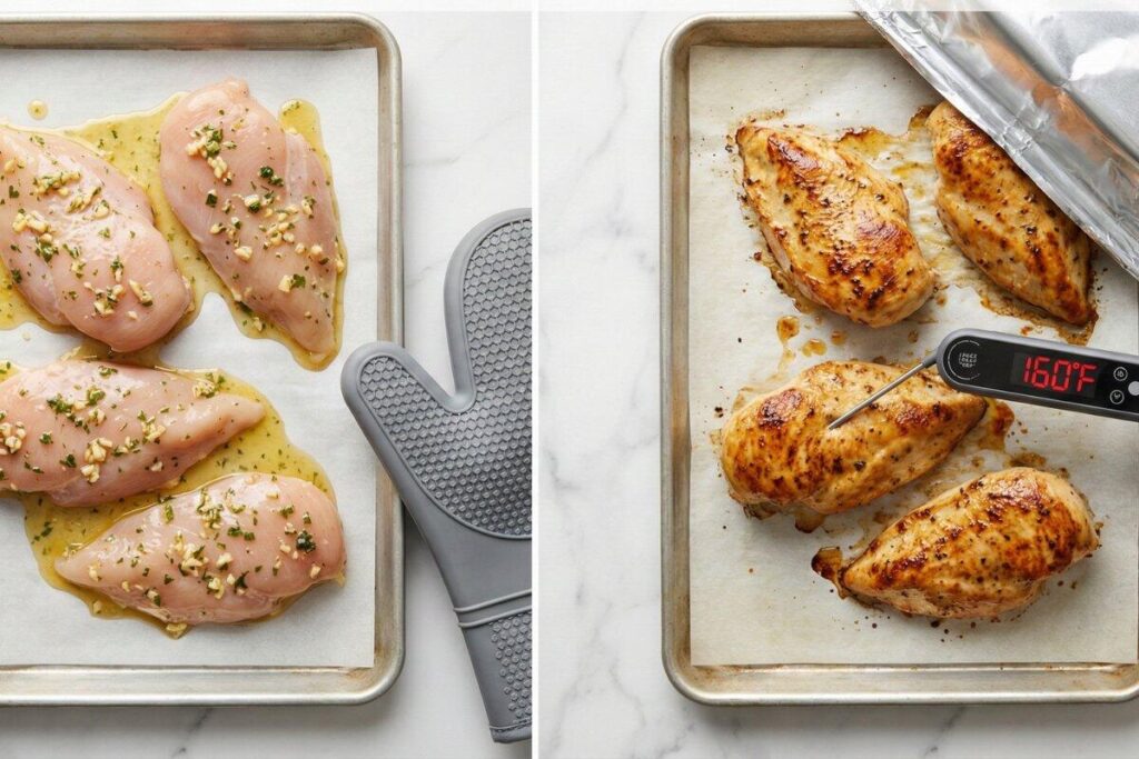 Before and after baking chicken - raw marinated versus golden-brown with thermometer showing 160°F
