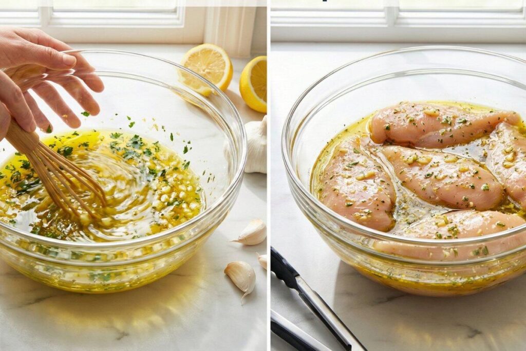  Lemon garlic marinade preparation - whisking ingredients and chicken in marinade