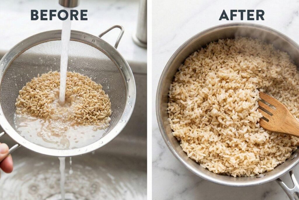 Before and after cooking rice - rinsing raw brown rice versus fluffy cooked rice