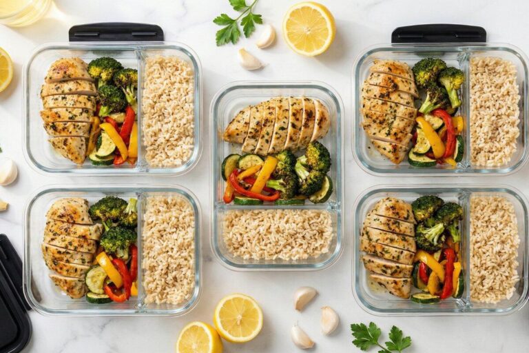 Five glass meal prep containers with lemon garlic chicken, roasted vegetables, and brown rice - complete weekly meal prep