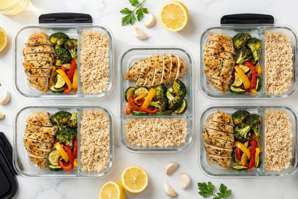 Five glass meal prep containers with lemon garlic chicken, roasted vegetables, and brown rice - complete weekly meal prep