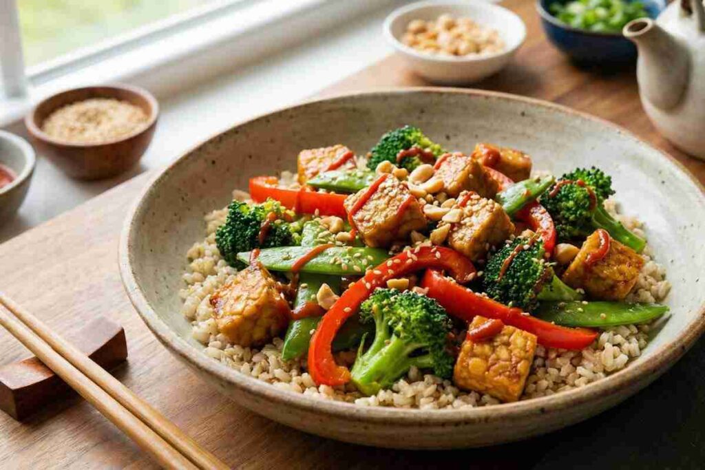 Tempeh stir fry power bowl Asian vegetarian high protein meal 38g protein brown rice vegetables