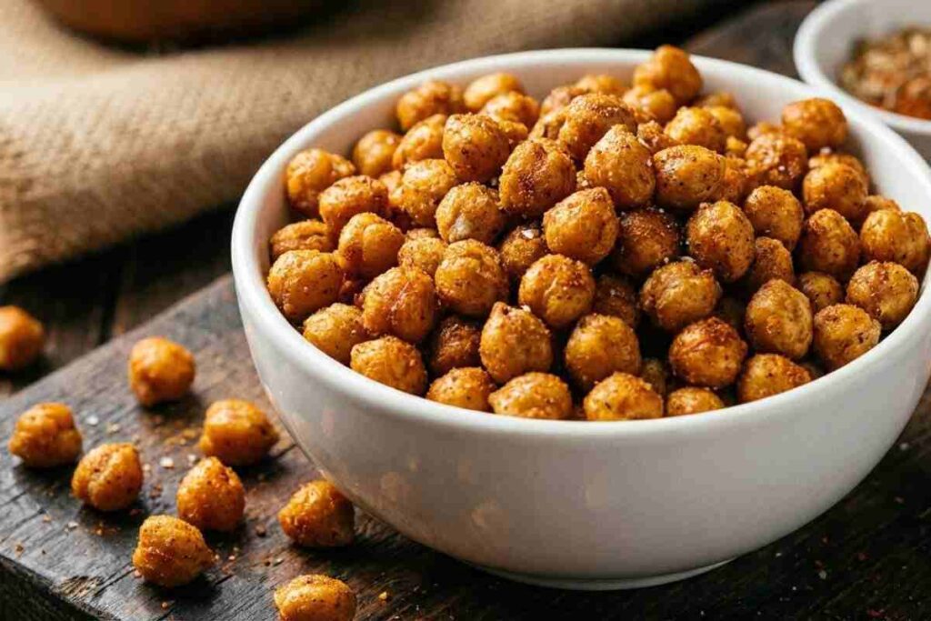 Crispy roasted chickpeas seasoned with paprika and garlic in white bowl - crunchy plant-based protein snack with 9g protein