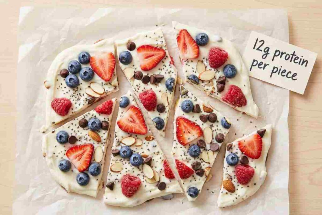 Greek yogurt protein bark frozen dessert high protein berries chocolate almonds 12g protein healthy frozen treat