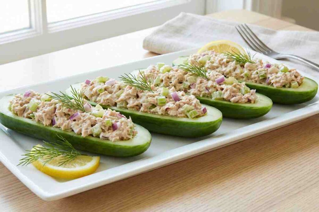 Tuna salad served in cucumber boat halves topped with fresh dill - low carb high protein snack with 22g protein