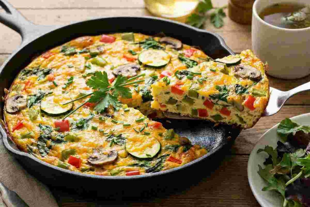 Vegetable cheese frittata blood sugar balancing breakfast meal prep eggs peppers zucchini low carb recipe