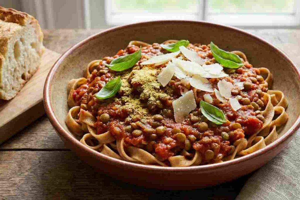 Lentil bolognese whole wheat pasta vegetarian high protein Italian comfort food 32g protein meal