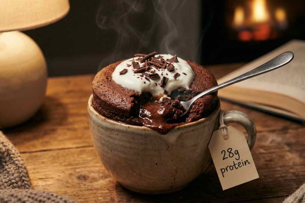 Chocolate protein mug cake high protein dessert molten center Greek yogurt 28g protein quick microwave dessert